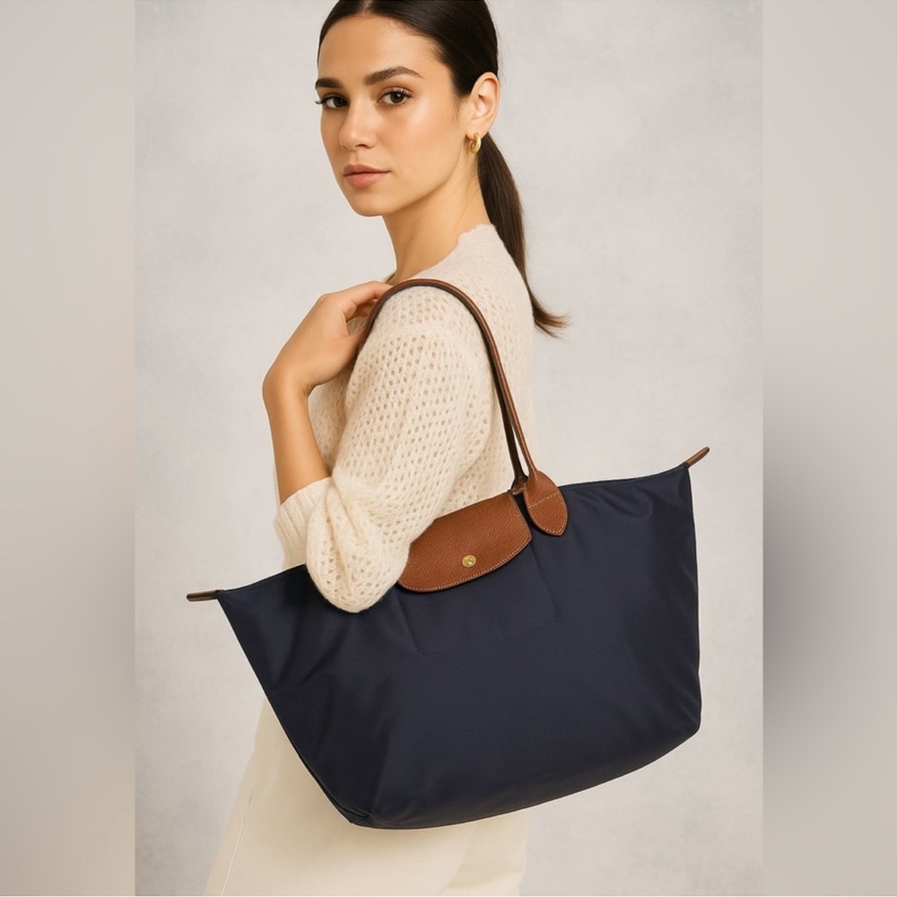 SOLD! Longchamp Navy Nylon & Brown Tote Bag